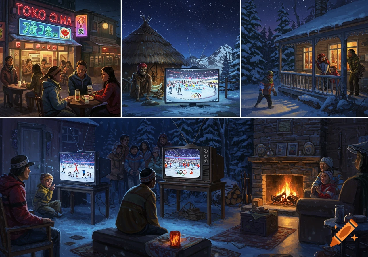 An illustration showing a split image of diverse groups of people around the world watching the Winter Olympics on television screens in various winter settings.