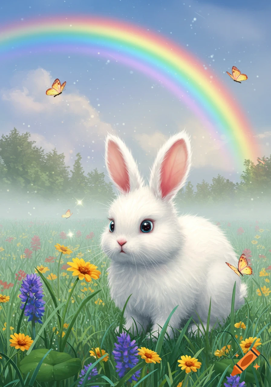 A cute white fluffy bunny sits in a field of colorful flowers under a bright rainbow with butterflies fluttering around.