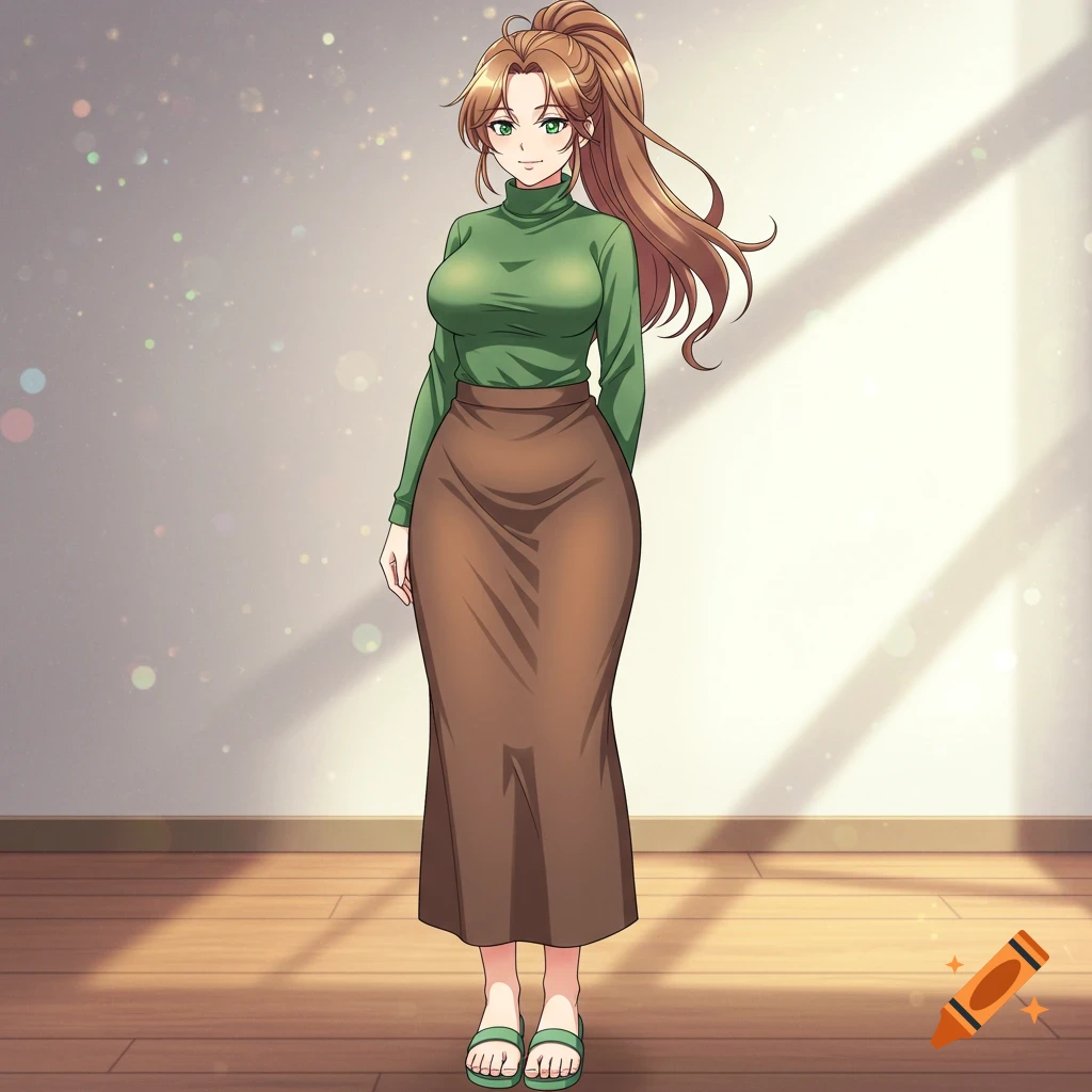 An anime woman with hazel ponytail, green eyes, and fair skin stands wearing a green turtleneck, long brown skirt, and green sandals.
