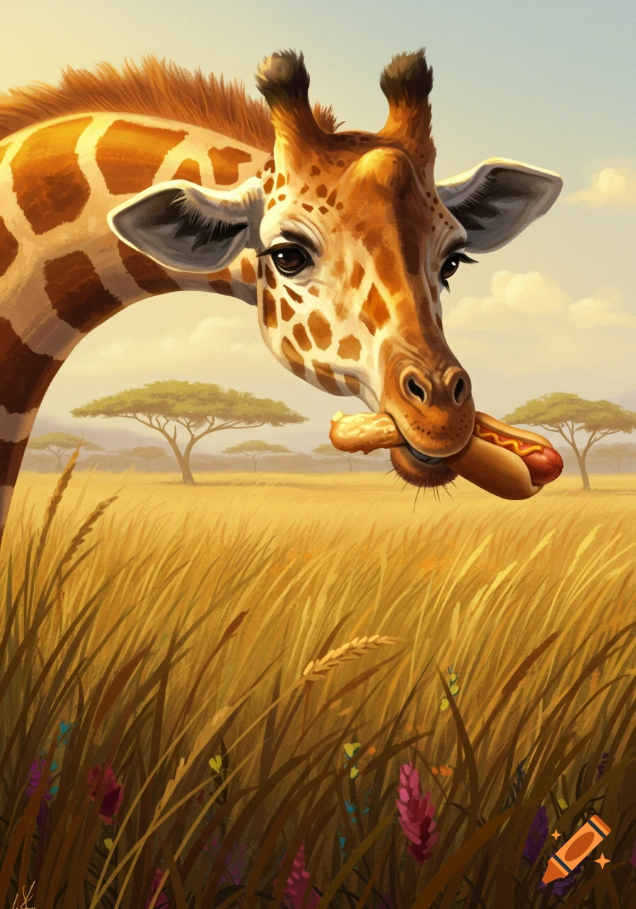 An illustration of a giraffe in a savanna, playfully eating a hot dog.