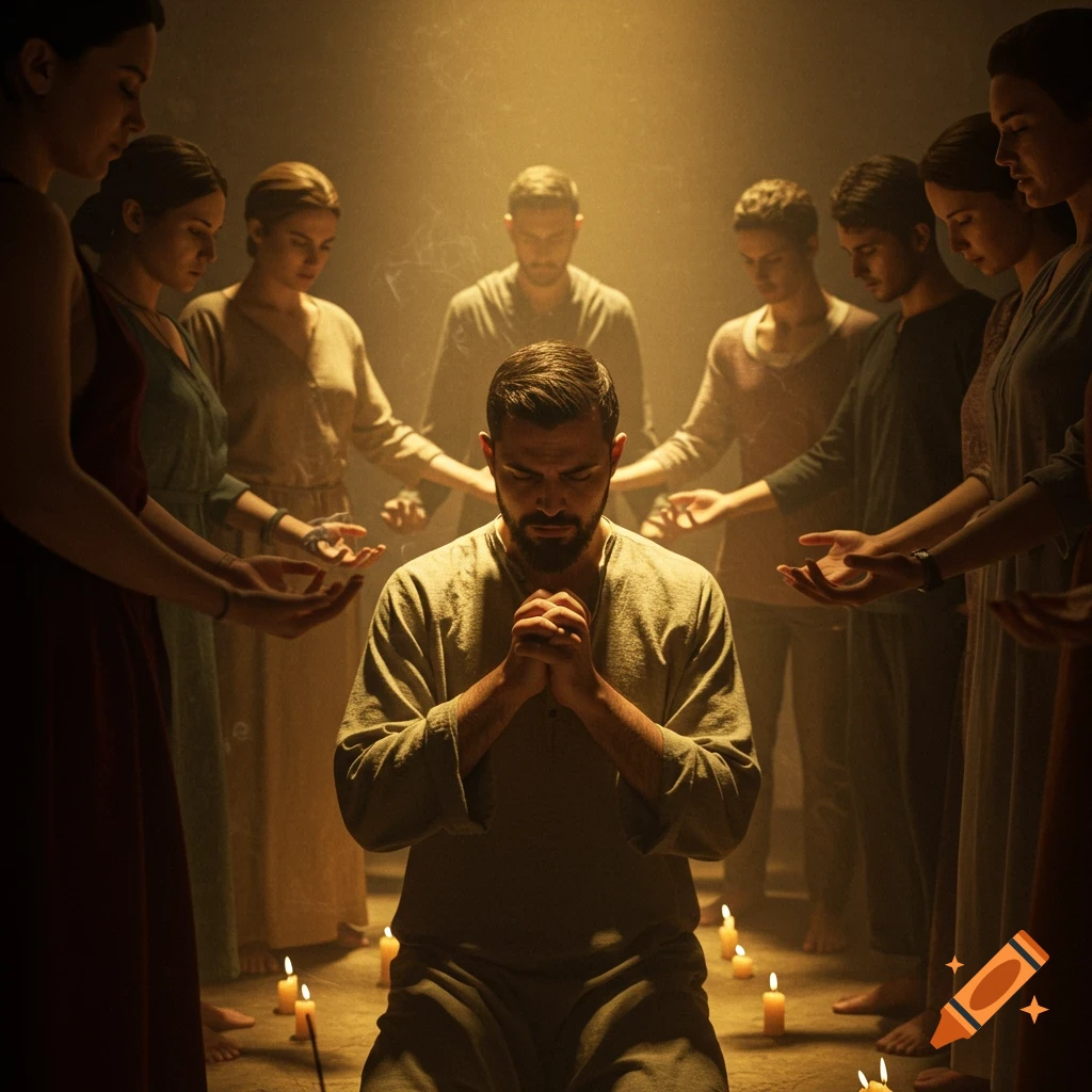 A man kneels with clasped hands in prayer, surrounded by others standing with outstretched or cupped hands in a dimly lit, smoky room with candles on the floor. Photorealistic style.