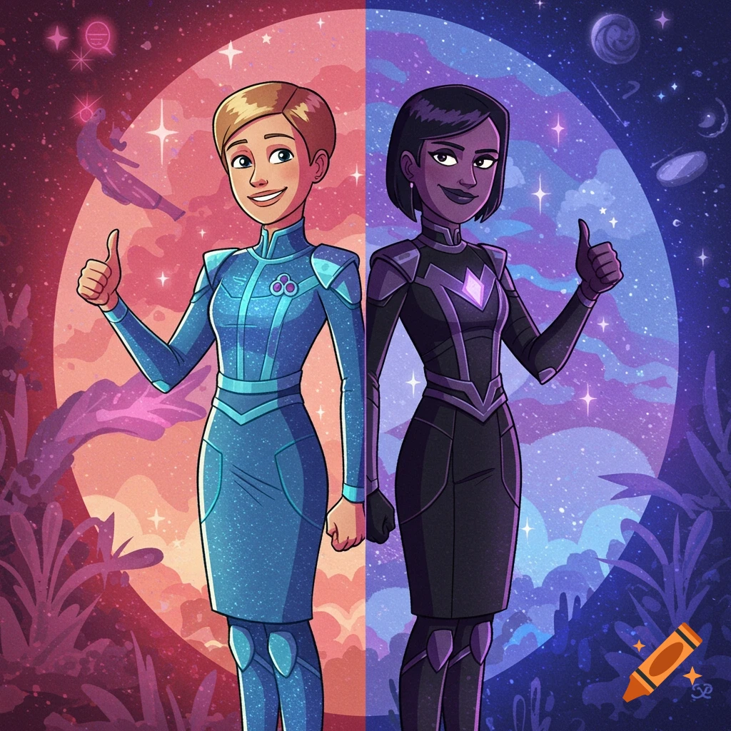 Two cartoon women in futuristic outfits, one blue on a red cosmic background and one purple on a blue cosmic background, both giving thumbs up.