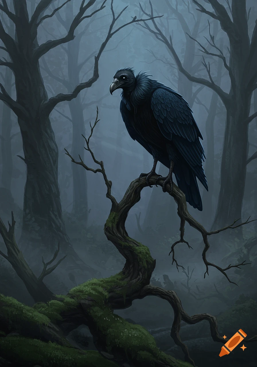 A dark bird with glowing eyes perches on a mossy branch in a misty, eerie forest, in a dark fantasy art style.