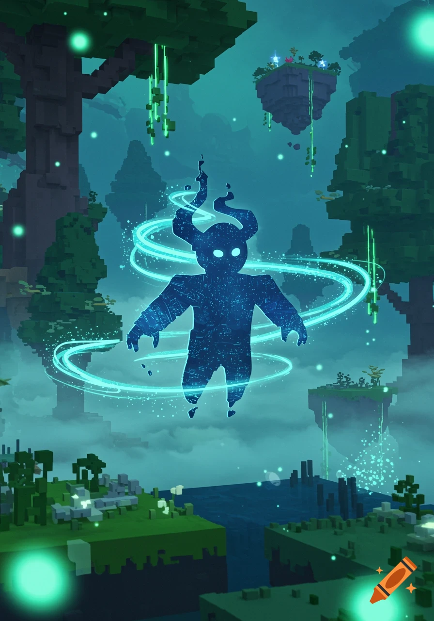 A glowing, shadowy, horned figure floats amidst blue rings in a blocky, misty fantasy landscape with trees and floating islands.