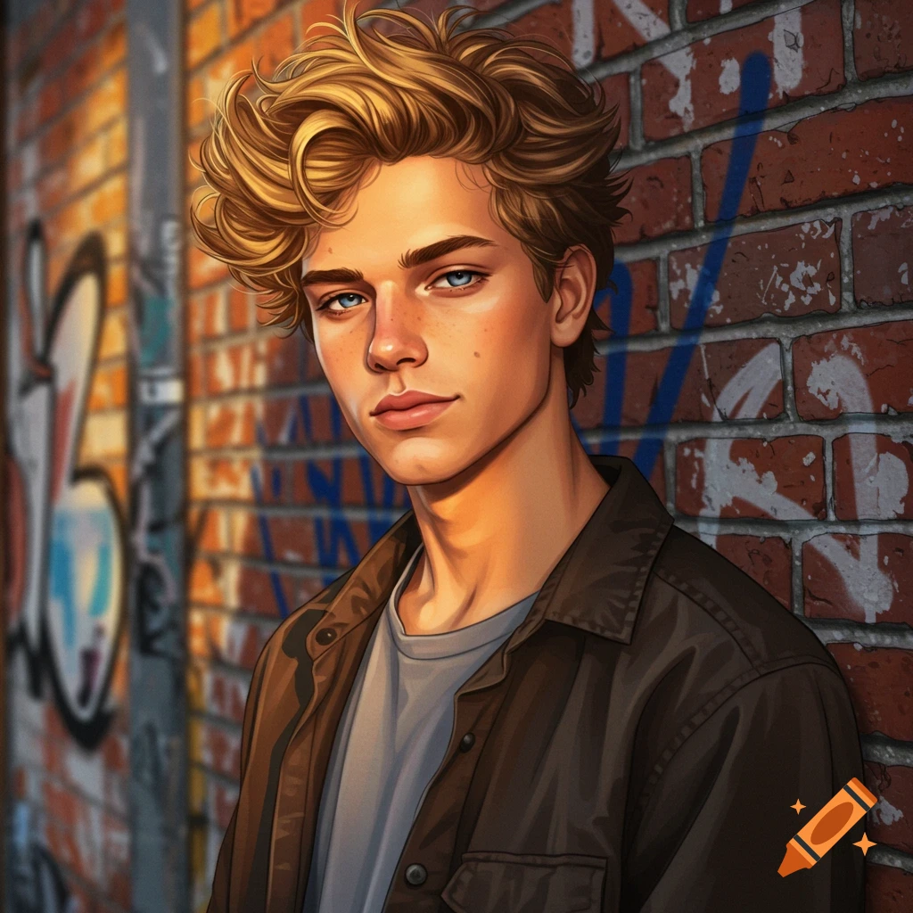 Digital art portrait of a confident blonde teenage boy with blue eyes, leaning against a graffiti-covered brick wall.