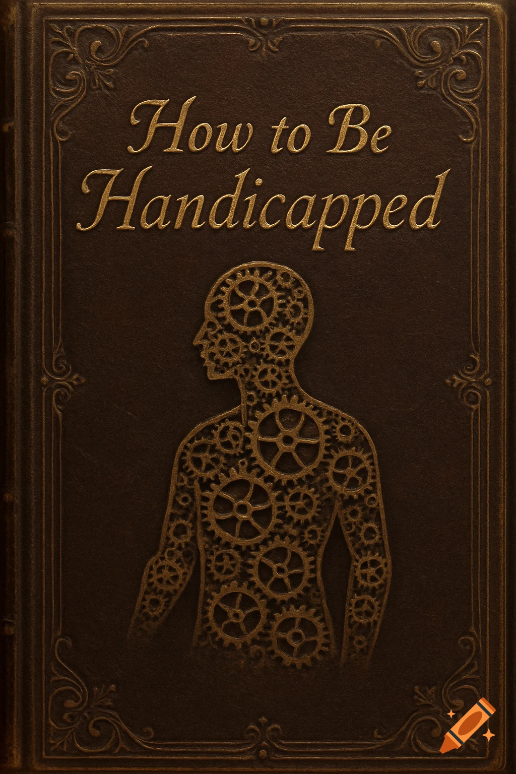 A vintage brown book cover with gold ornate borders, titled 'How to Be Handicapped', featuring a golden human silhouette filled with gears.