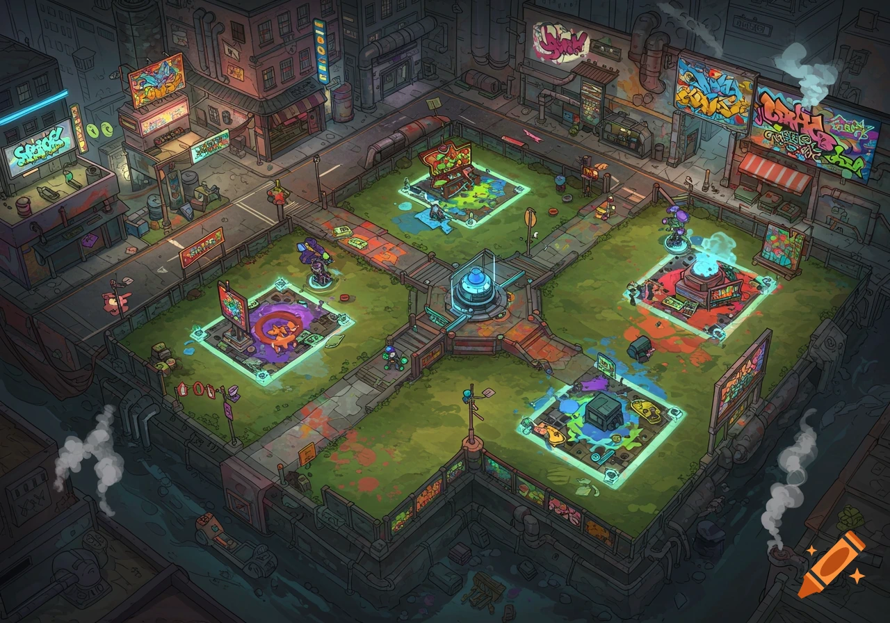 A vibrant, isometric, top-down concept sketch of a futuristic urban MOBA map called 'Graffiti War', featuring distinct lanes with graffiti murals, neon signs, and glowing interactive zones.