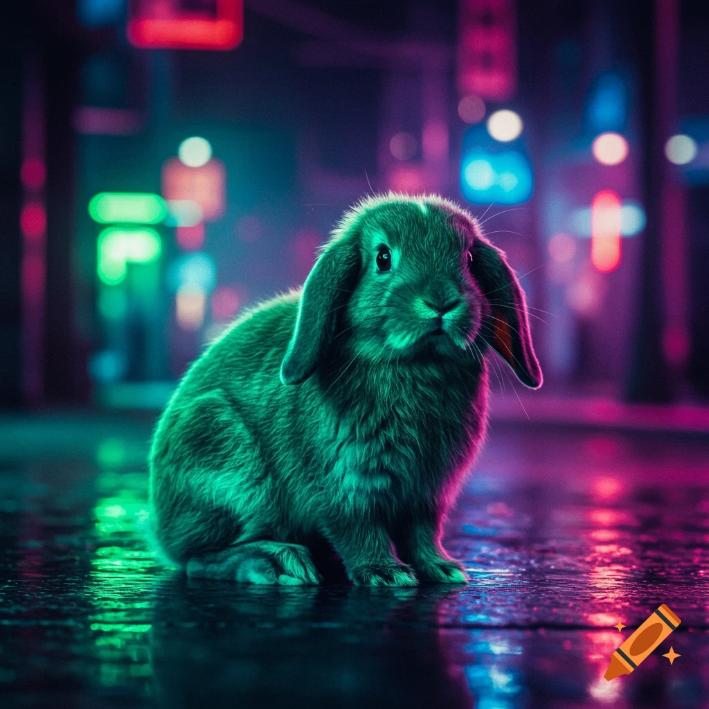 A neon green French Lop rabbit sits on a reflective wet street with blurry neon lights in a cyberpunk style.