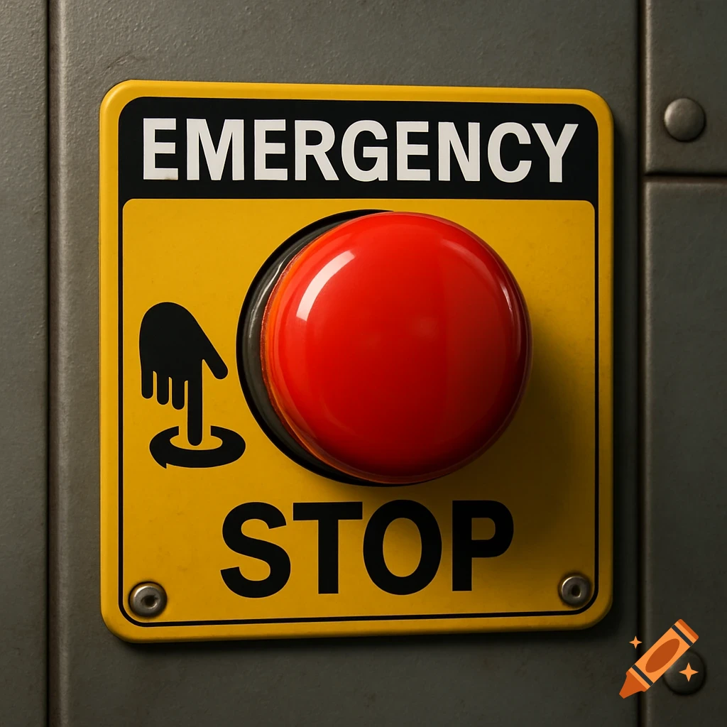 Photorealistic close-up of a red emergency stop button on a yellow sign with 'EMERGENCY STOP' text, mounted on a grey wall.