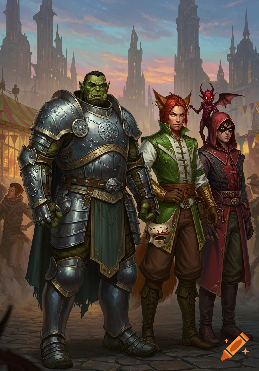 A powerful orc in silver armor, a red-haired kitsune holding a mask, and a robed human with a small red imp familiar stand in a fantasy city market.