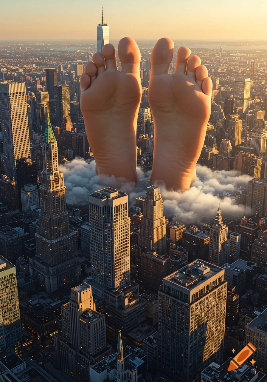 Two giant human feet emerge from clouds above a bustling photorealistic cityscape at sunset.
