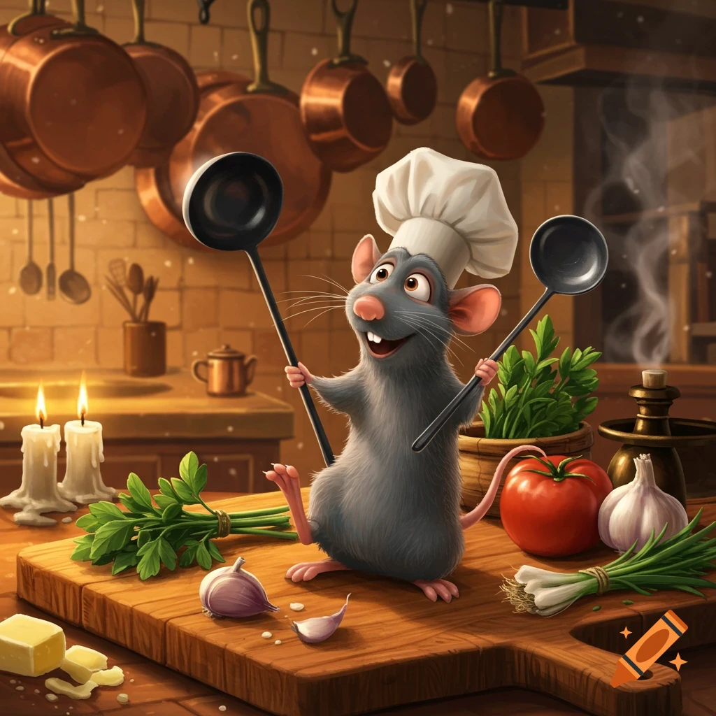 A cartoon shrew wearing a chef's hat stands happily in a rustic kitchen, holding two ladles. It is surrounded by cooking ingredients on a wooden cutting board.