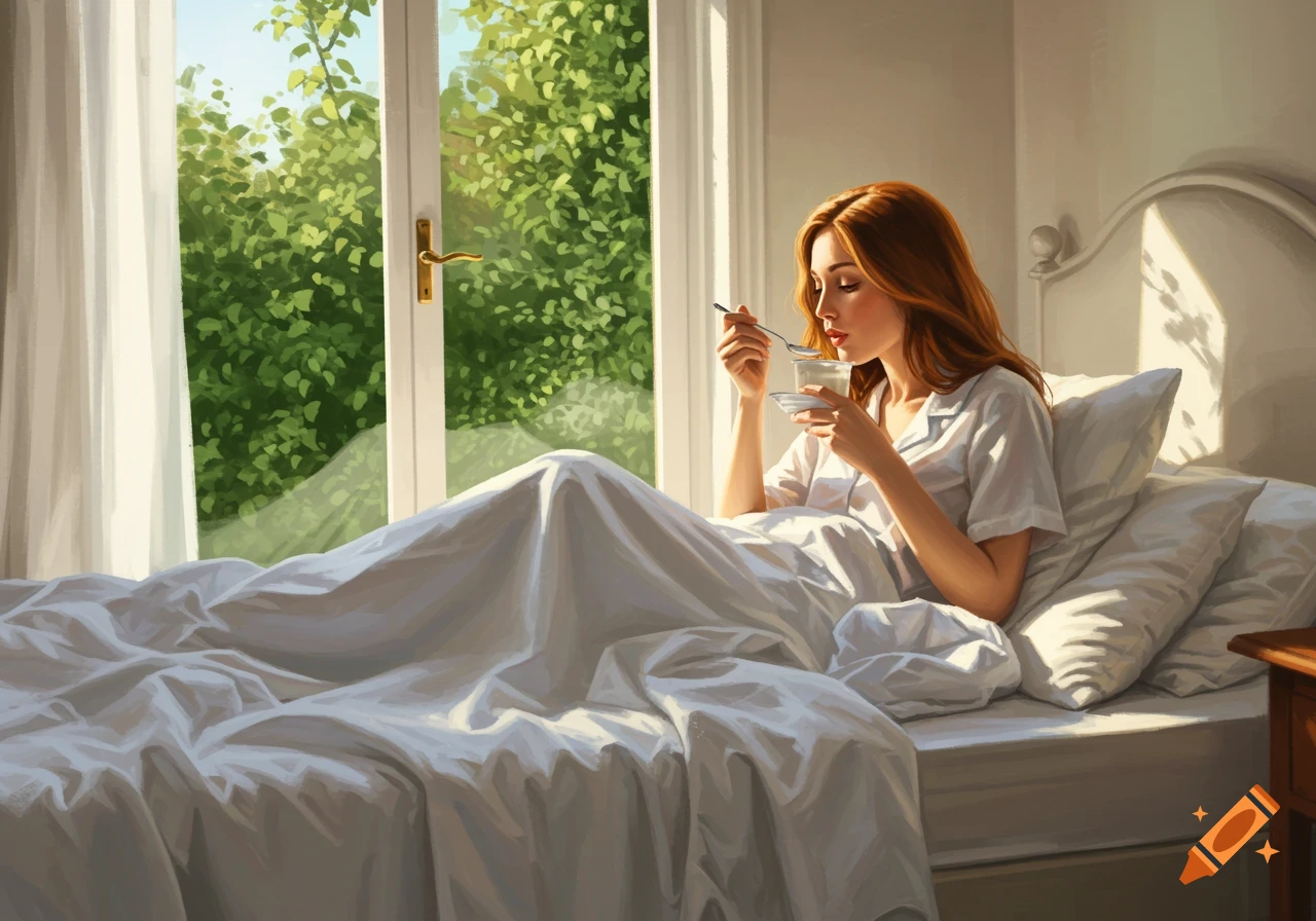 A woman with long red hair sits up in bed, eating yogurt from a cup in a sunlit room.