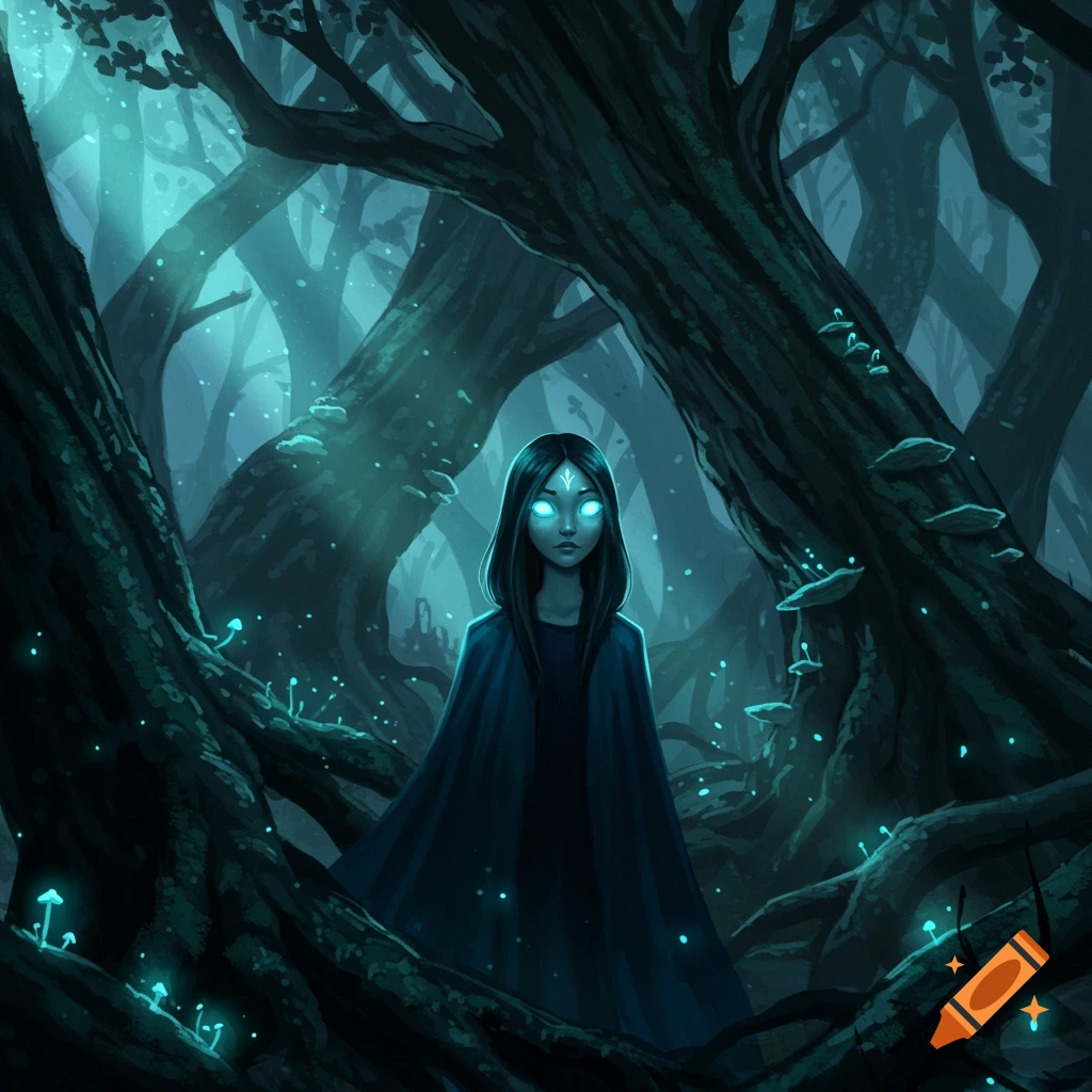A mysterious girl with glowing blue eyes stands in a dark, magical forest with glowing mushrooms.