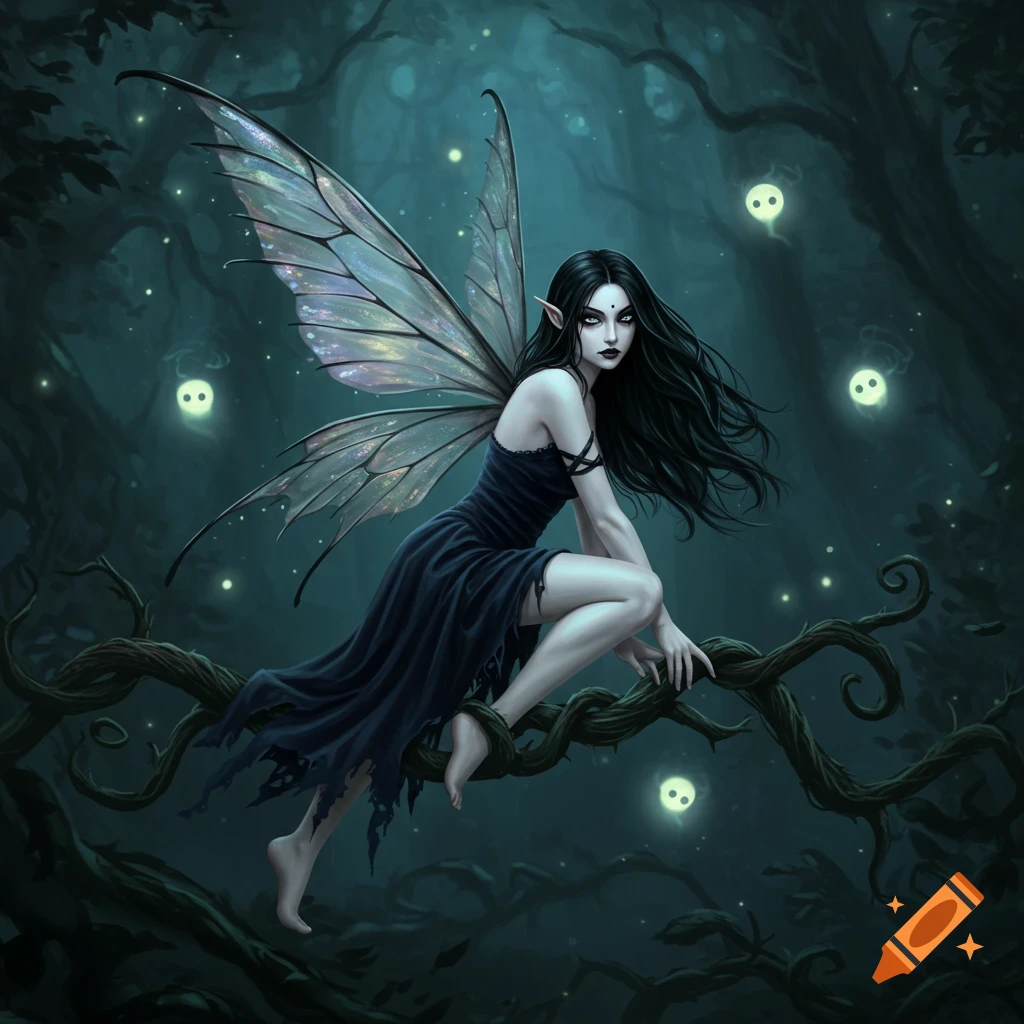 A gothic fairy with dark hair and pale skin, wearing a black dress, perched on a gnarled branch in a mystical dark forest with glowing lights.