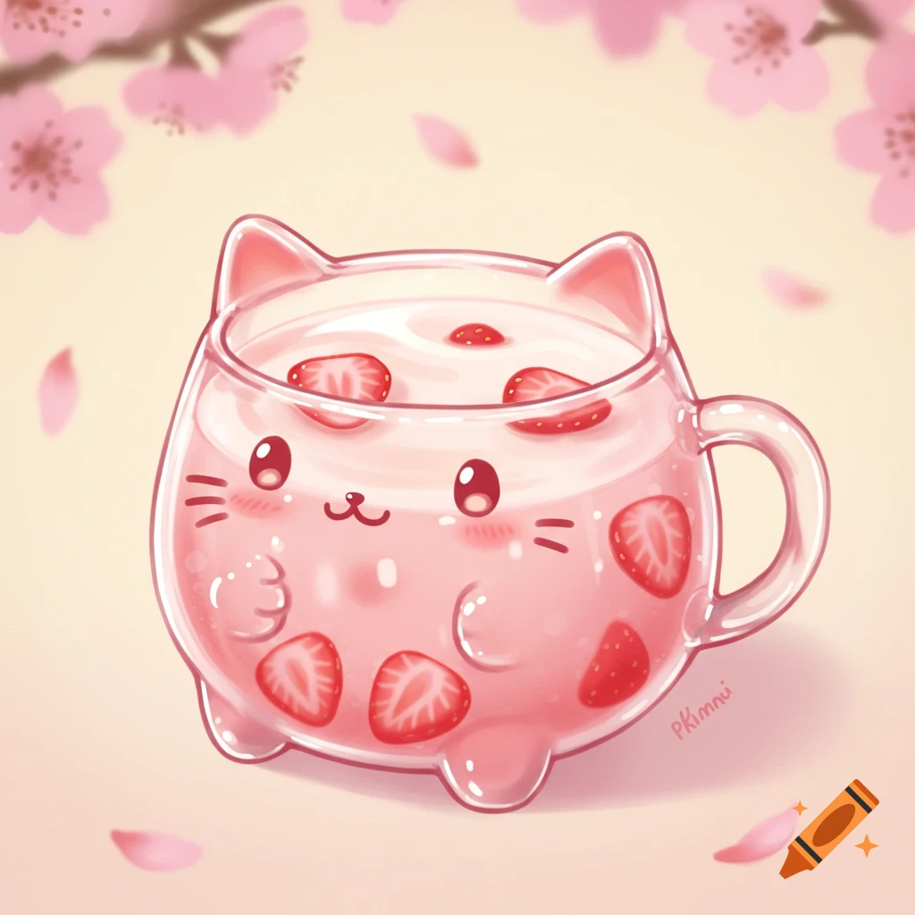 A cute kawaii cat-shaped glass cup filled with pink strawberry milk and strawberry slices, with pink cherry blossom petals falling around it.