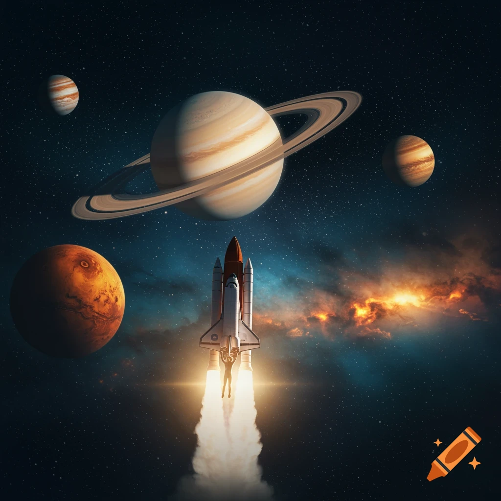 A space shuttle launches into the cosmos, surrounded by vibrant planets like Saturn with glowing rings, Mars, and Jupiter, in a surreal and epic starry night sky.