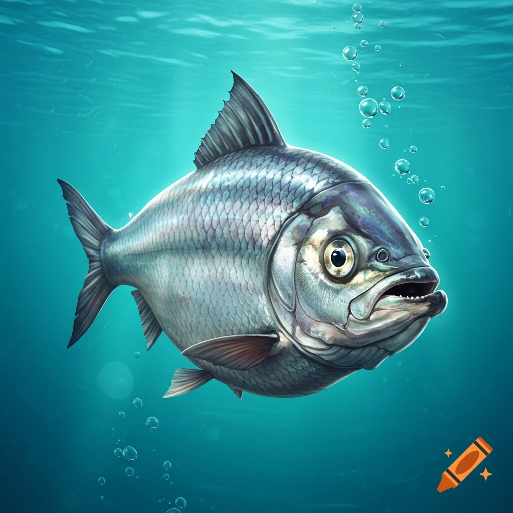Stylized silver fish with large eyes and strong jaw swimming in clear blue-green water with bubbles.