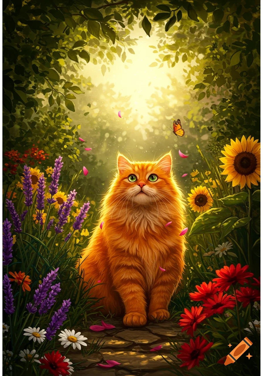 A fluffy orange cat sits in a vibrant, sunlit garden with purple lavender, yellow sunflowers, and falling pink petals.