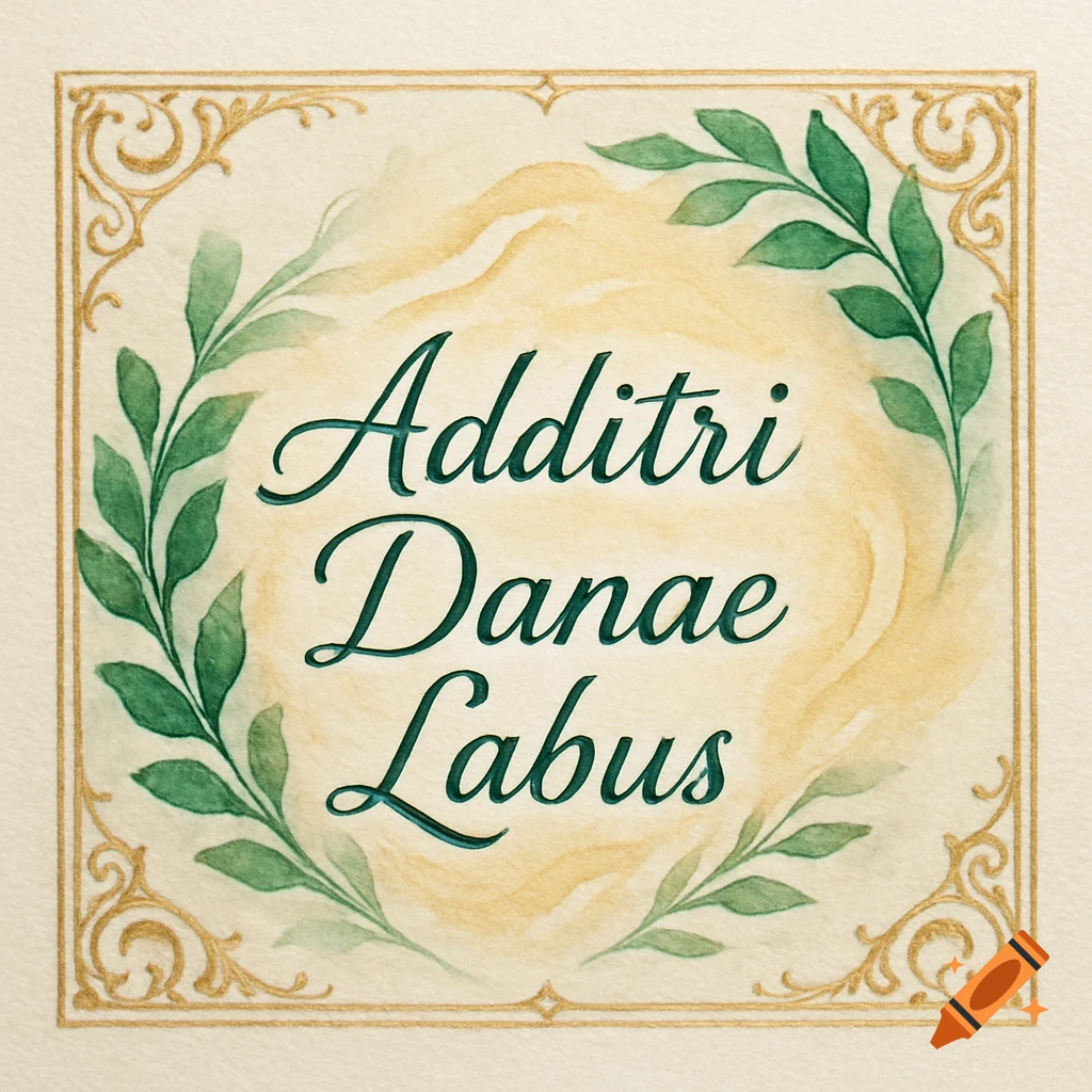 Watercolor keepsake card with gold decorative border and green leaves, featuring the name Additri Danae Labus in elegant script.
