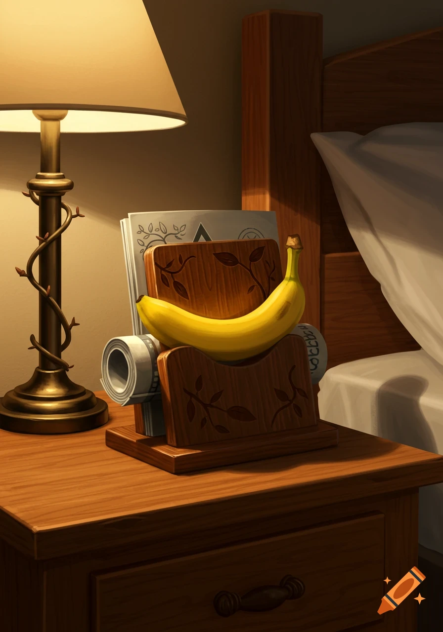 A bedside table with a brass lamp, a wooden holder with a yellow banana, magazines, and a rolled-up newspaper. A bed and pillow are visible to the right.