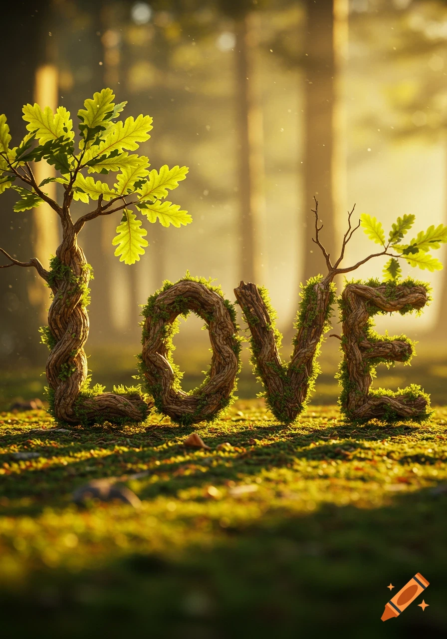 The word 'LOVE' spelled out by moss-covered tree branches in a sunlit forest.