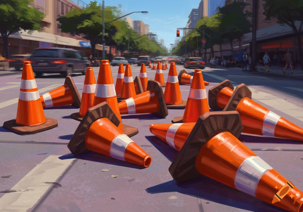 A vibrant illustration of numerous orange and white traffic cones scattered and lying on an urban street.
