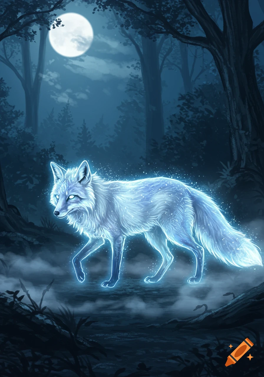 A mystical, glowing white ghost fox walks through a dark, misty forest under a full moon, in a digital art style.