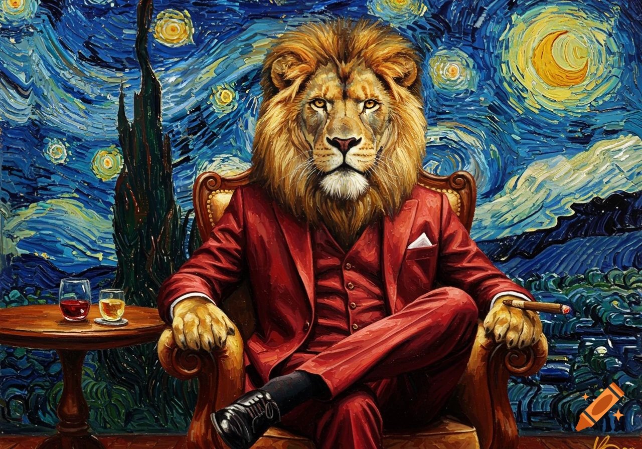A stylized oil painting of a lion in a red suit sitting in a chair, holding a cigar, with a Van Gogh Starry Night background.