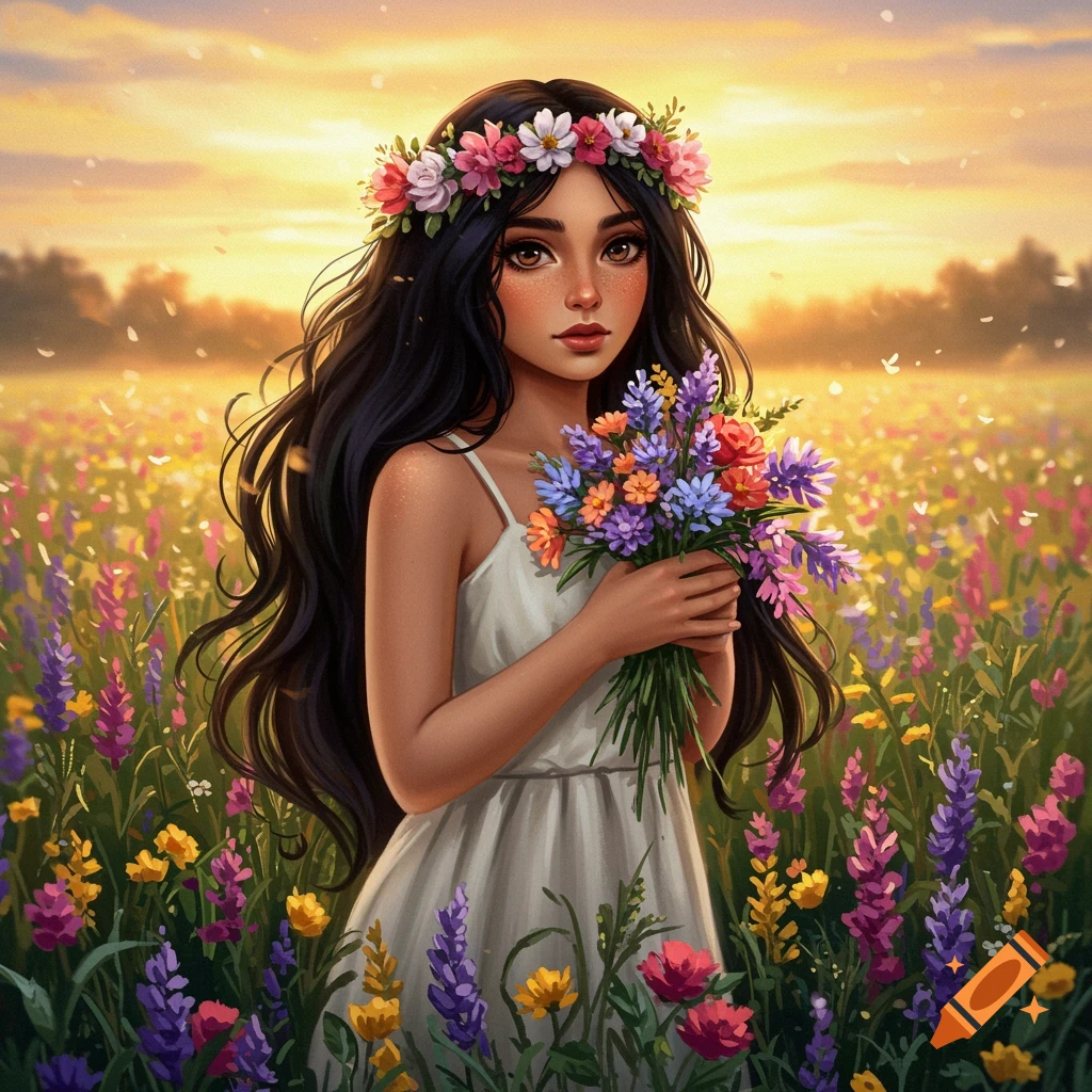 Stylized illustration of a girl with a flower crown holding a bouquet in a vibrant wildflower field at sunset.