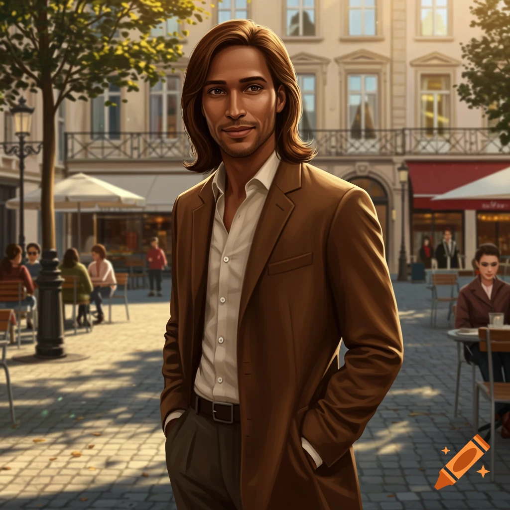 Photorealistic image of a biracial man with long hair in a brown coat, standing in a sunny European town square.