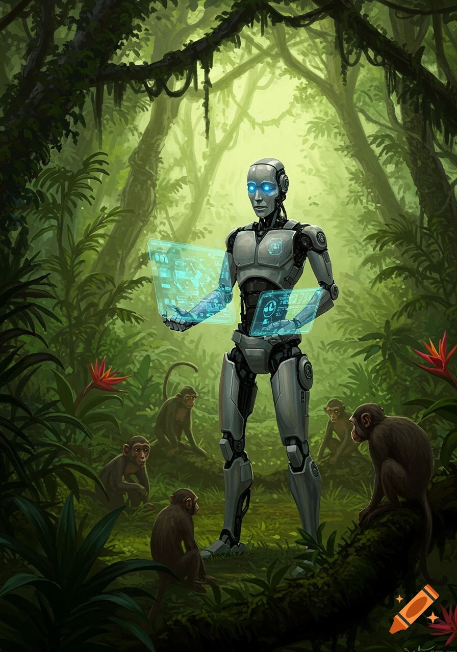 A humanoid robot stands in a lush jungle, holding glowing blue holographic screens, observed by several monkeys.