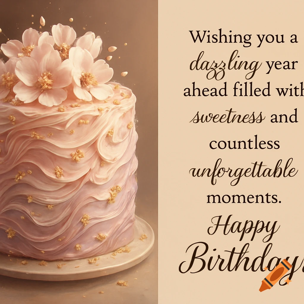 A pale pink frosted cake with white flowers and gold flecks, next to a birthday message wishing a dazzling year.