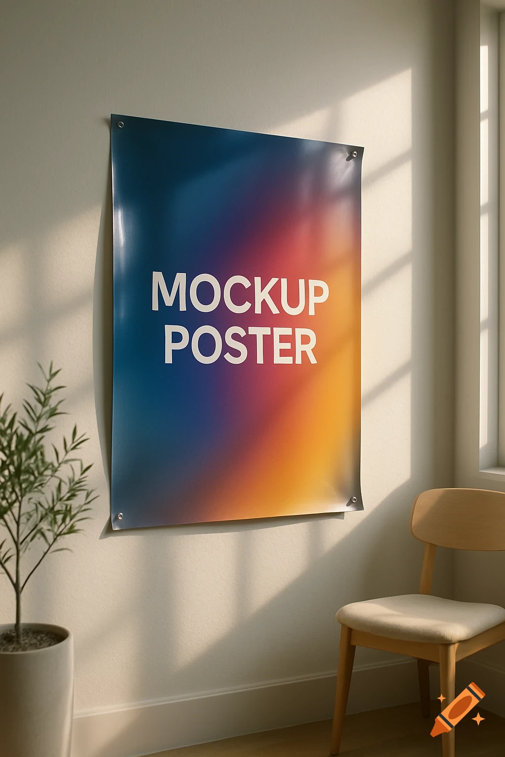 A photorealistic mockup poster with a colorful gradient background hangs on a light wall, next to a potted plant and a wooden chair. Sunlight casts shadows on the wall.