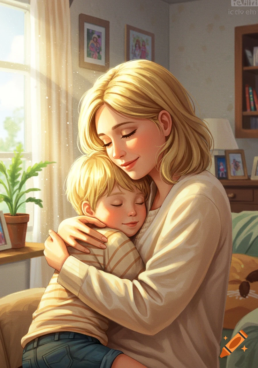 An illustrated image of a blonde mother hugging her blonde son in a warm, sunlit room.
