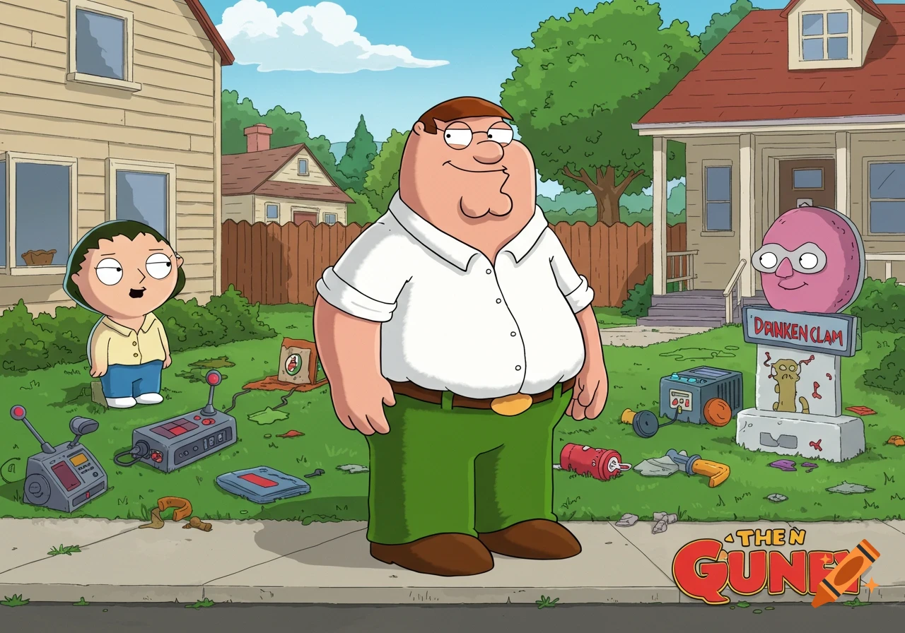 Peter Griffin and Stewie Griffin stand in a suburban front yard next to a sign for "Drunken Clam" and various objects.