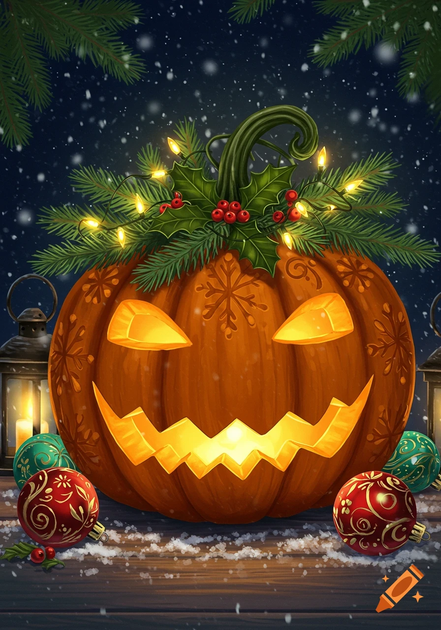 A festive carved pumpkin with glowing eyes and mouth, decorated with Christmas lights and holly, surrounded by ornaments and snow at night.