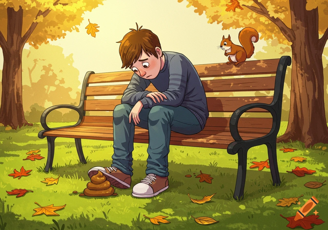 A sad cartoon boy sits on a park bench, looking down at a pile of cartoon poop near his shoe, as a squirrel watches. Autumn leaves are scattered on the grass.