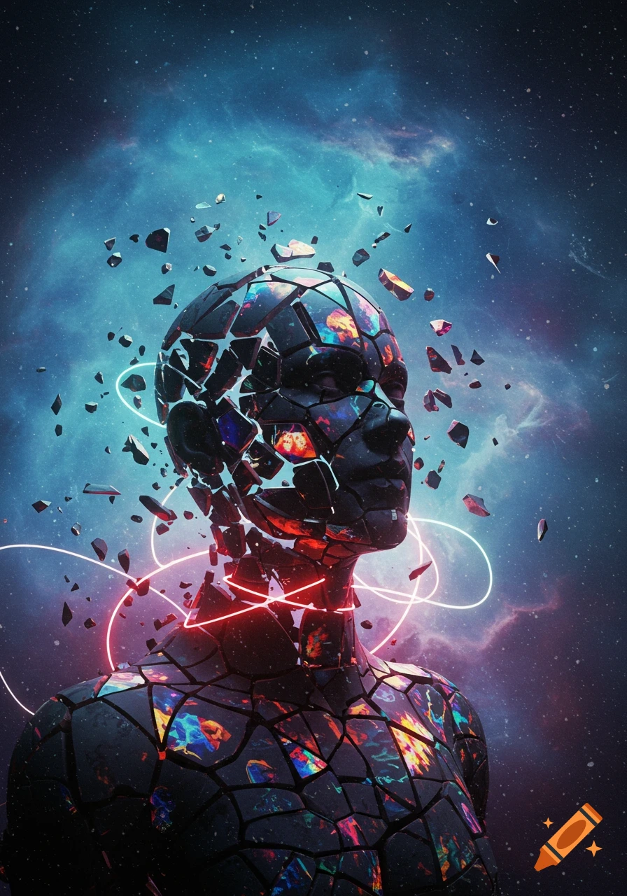 Abstract shattered human figure with glowing lines against a cosmic nebula background.