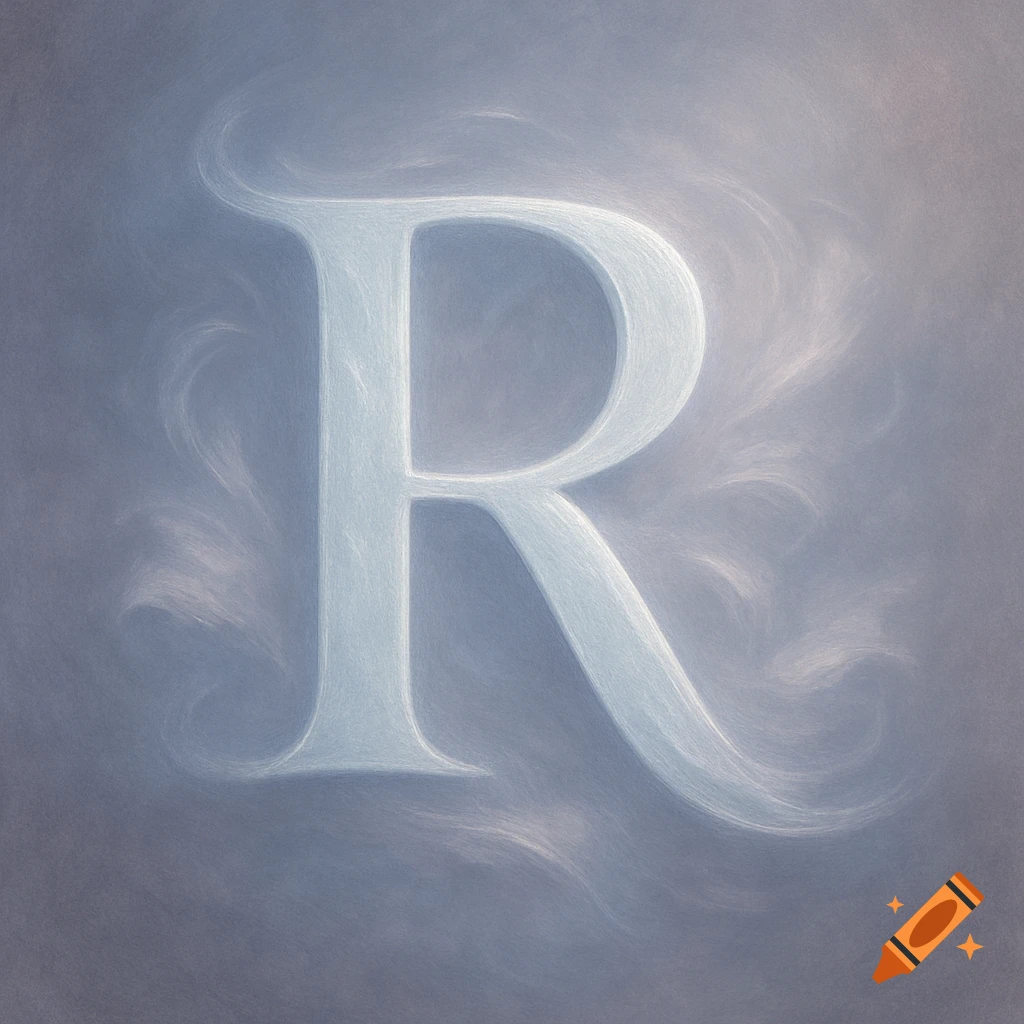 A stylized letter R, in a pale, glowing blue-white, against a soft gray-blue background with wispy textures.