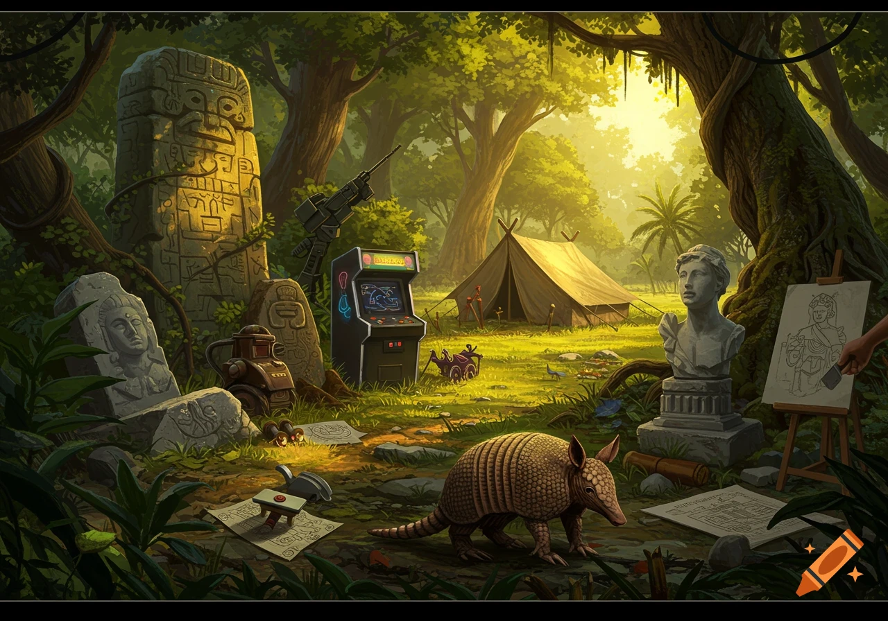 A vibrant hidden picture scene in a lush jungle with ancient stone artifacts, a military-style rifle, an arcade machine, a canvas tent, a classical bust, art supplies, and an armadillo.