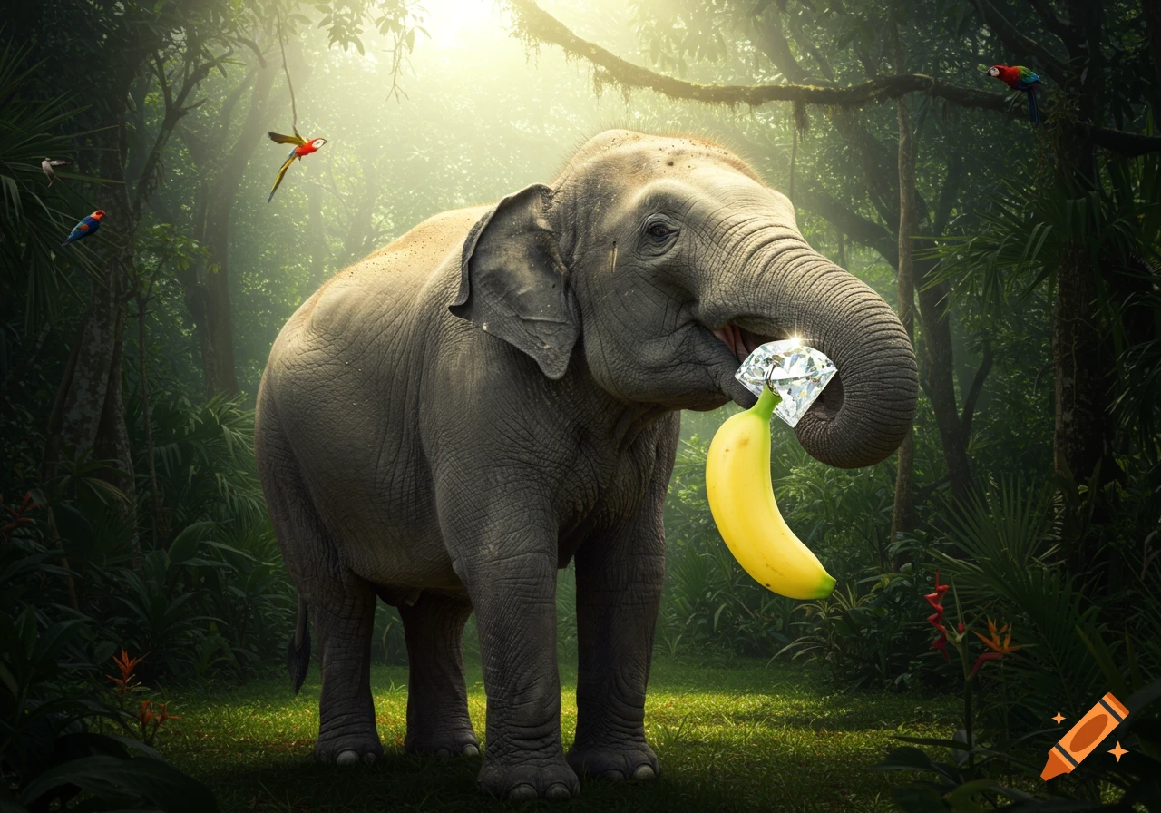 A photorealistic image of an elephant in a lush jungle, holding a sparkling diamond and a ripe yellow banana with its trunk.