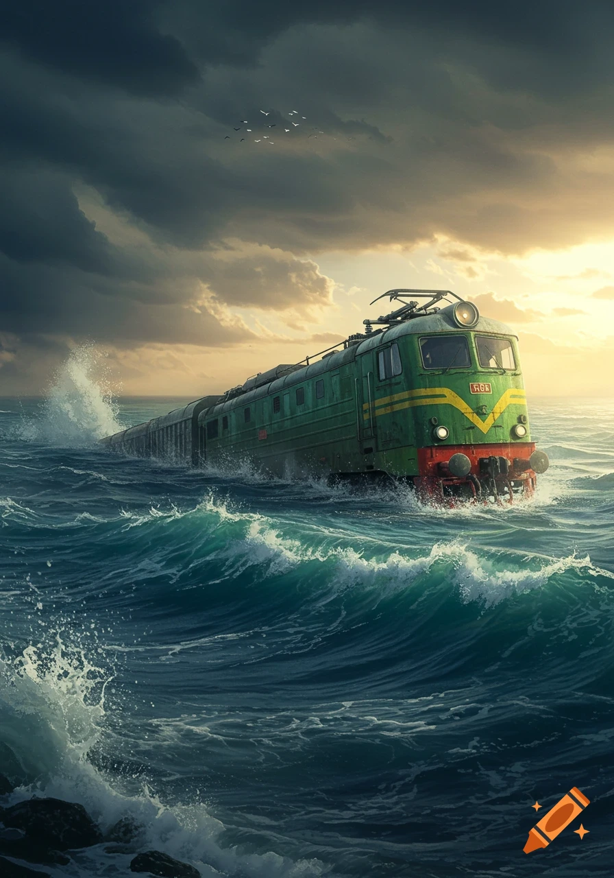 A green Russian VL80 locomotive battles huge waves in a dark, stormy sea as sunlight breaks through dramatic clouds.