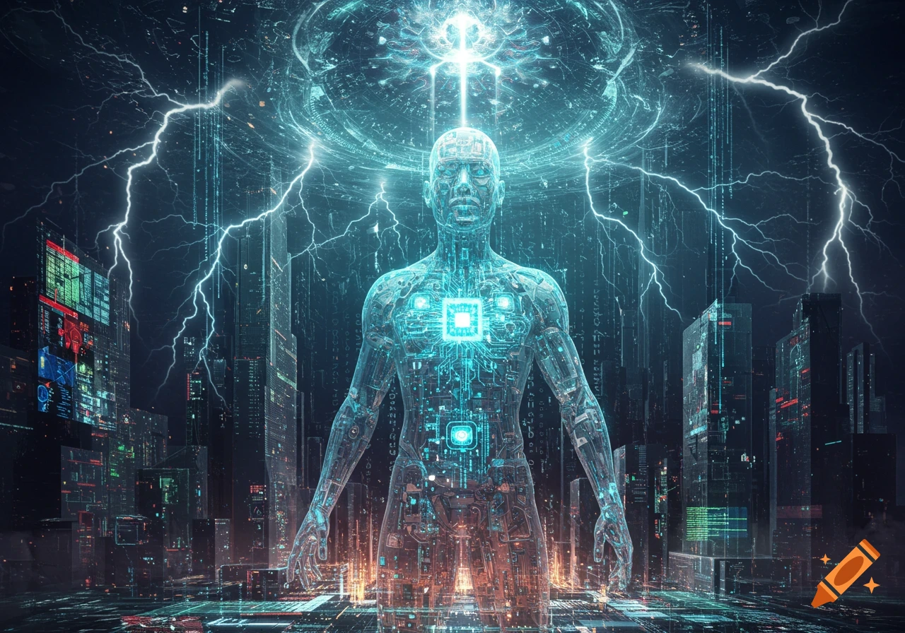 A glowing translucent human figure made of circuits stands in a futuristic city with lightning and digital data.