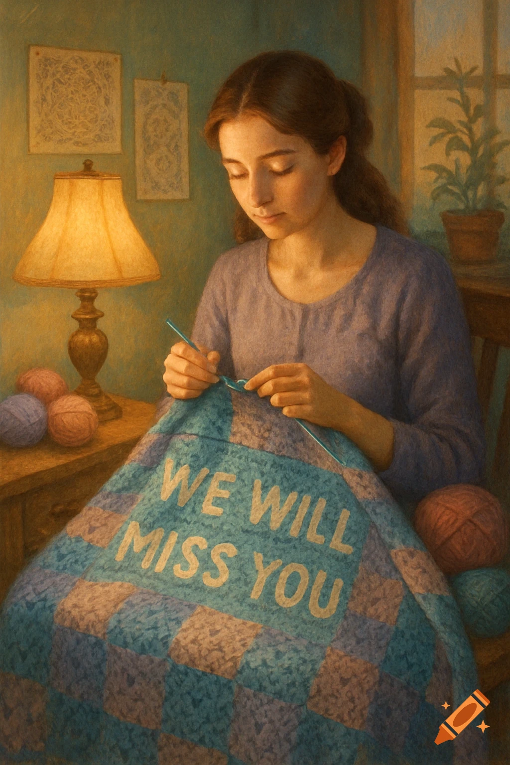 A young woman in a purple sweater crochets a blue and purple checkered blanket with "WE WILL MISS YOU" written on it, illuminated by a warm lamp.