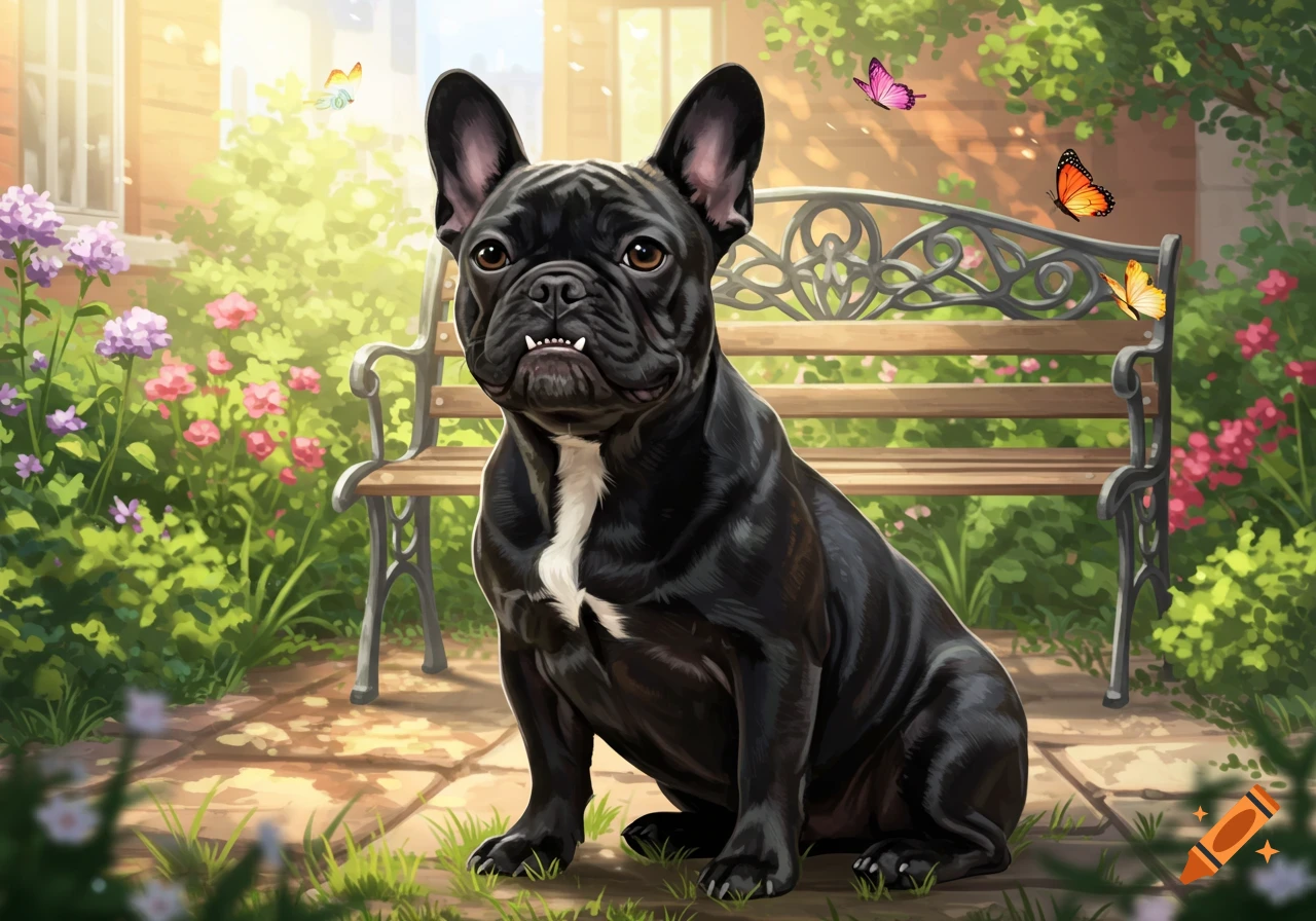A black French Bulldog with its bottom teeth showing, sitting in a sunny garden near a bench with butterflies.