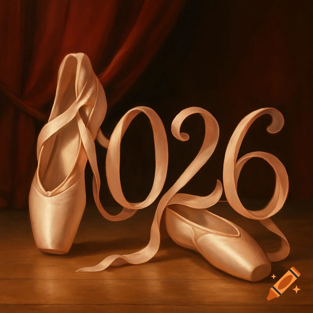 Two ballet pointe shoes on a wooden floor with red drapes, intertwined with a ribbon forming the numbers 2026 in a still life painting.