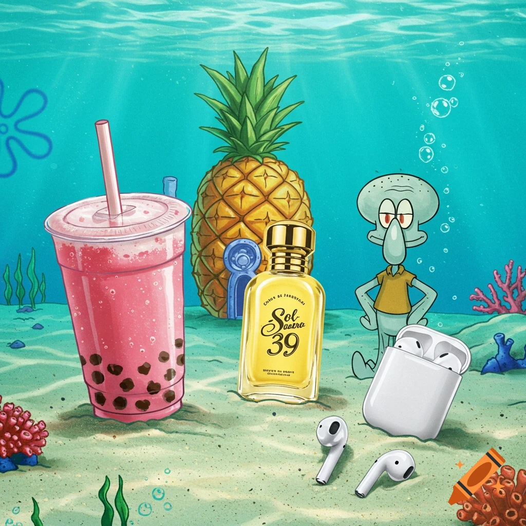 A vibrant cartoon underwater scene featuring a large pineapple, a pink boba tea, a perfume bottle, and AirPods, with Squidward standing nearby.