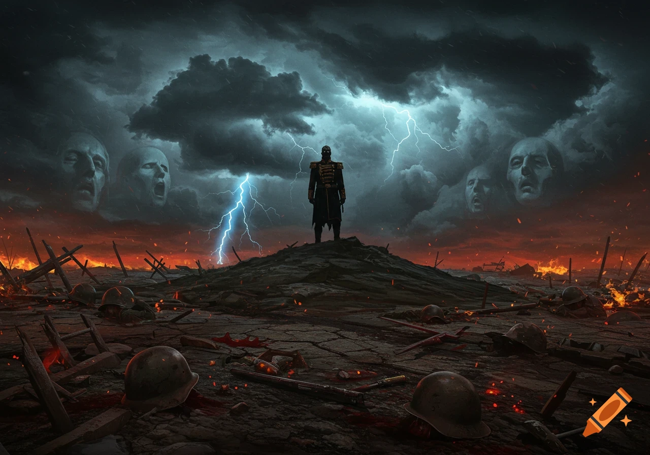 A lone figure stands on a war-torn mound under a stormy, lightning sky with ghostly faces in the clouds and fiery explosions.