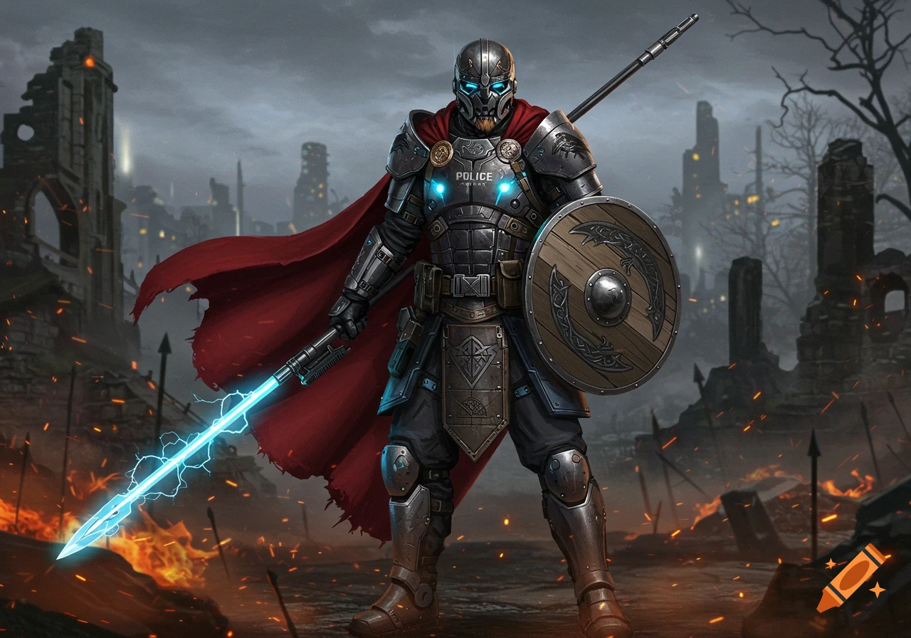 A heavily armored tactical warrior in a red cape and helmet with glowing blue eyes holds a glowing blue sword and a shield, standing in a ruined, fiery city.